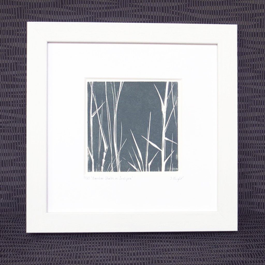 Bamboo Stalks hand printed linocut finished with pencil details by London artist Sarah Knight in dark grey or green