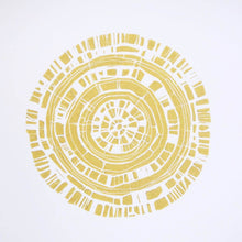Load image into Gallery viewer, Hand printed linocut by artist Sarah Knight. Beachwood Rings is available in ochre, in an optional navy blue frame.
