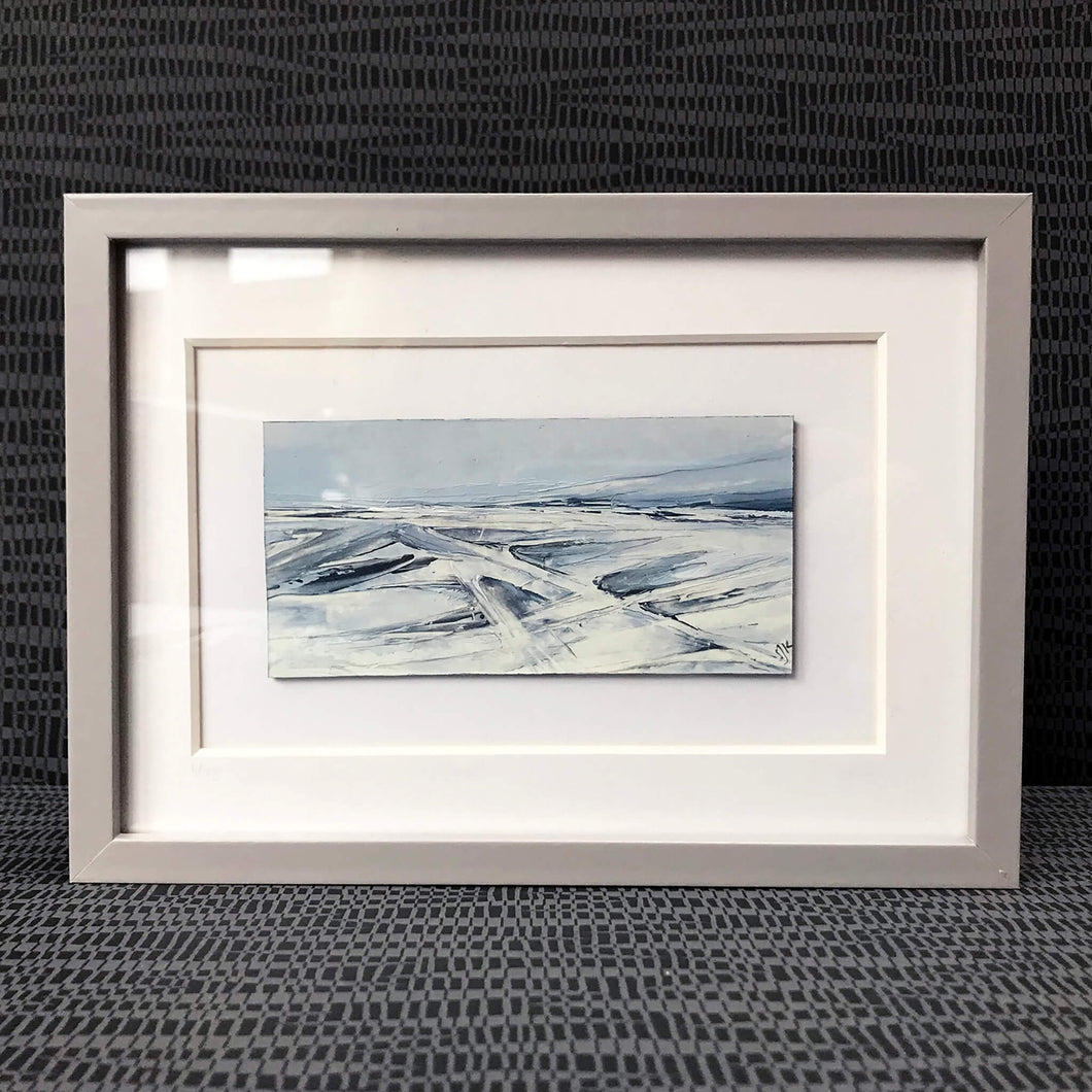 Small framed seascape oil painting in greys and blues by Sarah Knight