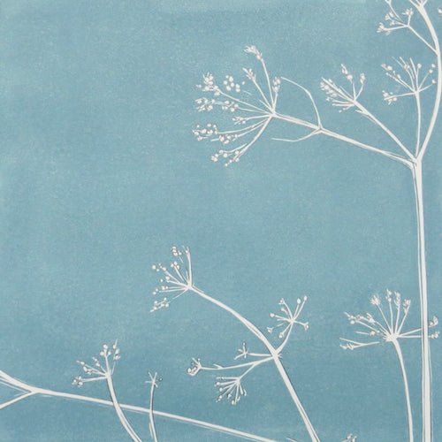 Cow Parsley hand printed linocut finished with pencil details by London artist Sarah Knight in Stone Blue