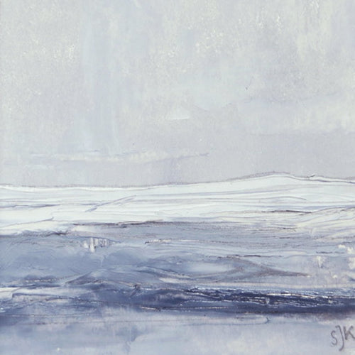 Seascape IX by Sarah Knight. An original semi-abstract mini oil seascape of stormy seas in blues and greys with optional frame