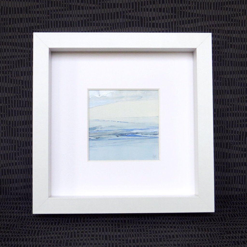 Seascape XIV by Sarah Knight. An original semi-abstract mini oil seascape of calm seas in blue, cream and grey with optional frame