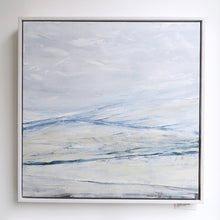 Load image into Gallery viewer, Seascape in Cerulean Blue by Sarah Knight. An original semi-abstract large oil seascape painted in shades of blue, white and grey framed

