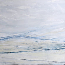 Load image into Gallery viewer, Seascape in Cerulean Blue by Sarah Knight. An original semi-abstract large oil seascape painted in shades of blue, white and grey framed
