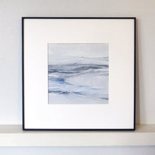 Load image into Gallery viewer, Seascape in Lismer Blue by Sarah Knight. An original semi-abstract mini oil seascape of calm seas in blue, green and grey with optional frame
