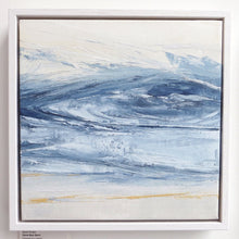 Load image into Gallery viewer, Stone Blue Storm by Sarah Knight. An original semi-abstract oil seascape painted in shades of blue and grey framed in white wood
