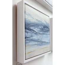 Load image into Gallery viewer, Stone Blue Storm by Sarah Knight. An original semi-abstract oil seascape painted in shades of blue and grey framed in white wood side
