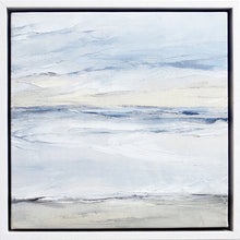 Load image into Gallery viewer, Wall Tofino Seascape by Sarah Knight. An original semi-abstract oil seascape painted in shades of blue and grey framed in white wood
