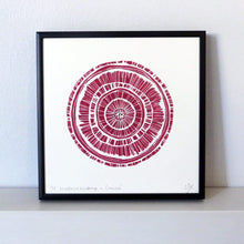 Load image into Gallery viewer, Hand printed linocut by artist Sarah Knight. Weathered Woodrings is available in either crimson or teal, both in an optional navy blue frame.
