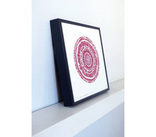 Load image into Gallery viewer, Hand printed linocut by artist Sarah Knight. Weathered Woodrings is available in either crimson or teal, both in an optional navy blue frame. Side

